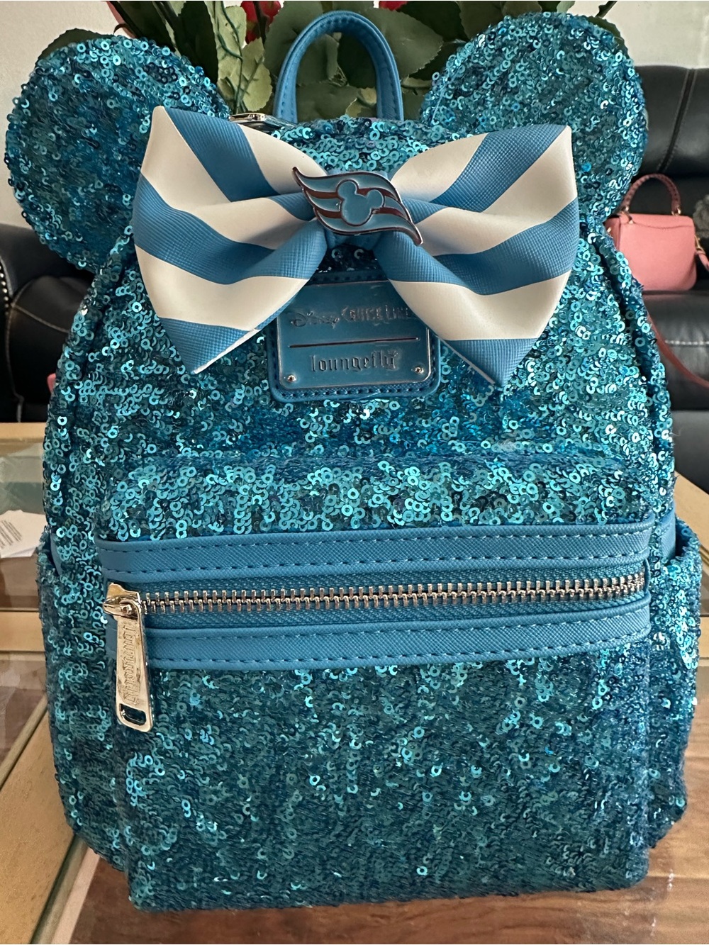 Loungefly Kids Teal Sequin Minnie Ear Mini Backpack with Striped Bow